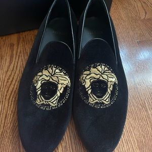 Versace Black Velvet Loafers with Gold Medusa Embroidery